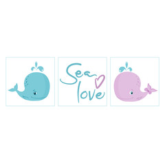 Set of nursery posters, Little Blue and Pink Whales, sea love lettering, gender reveal party invitation, vector illustration isolated on white background
