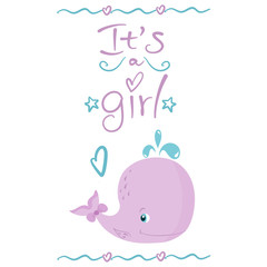 Little pink Whale, it's a girl phrase, gender reveal party invitation, vector illustration isolated on white background