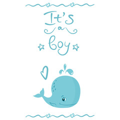 Little Blue Whale, it's a boy phrase, gender reveal party invitation, vector illustration isolated on white background