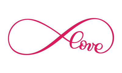 Love word In the sign of infinity. Sign on postcard to Valentine s day, tattoo, print. Vector calligraphy and lettering illustration isolated on a white background