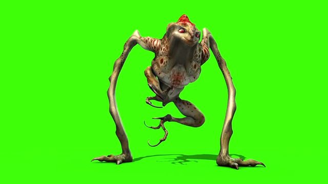 Monster Alien long Static Loop Front 3D Animation Green Screen