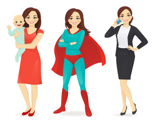 Fototapeta premium Mother with baby, businesswoman and woman in superhero costume vector illustration