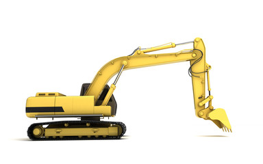 Massive powerful concept. Hydraulic Excavator with bucket. 3d illustration. Wide angle. Right side view. Isolated on white background