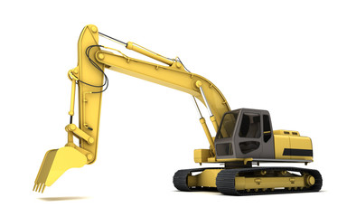 Massive powerful concept. Hydraulic Excavator with bucket. 3d illustration. Wide angle. Left side  view. Perspective. Isolated on white background