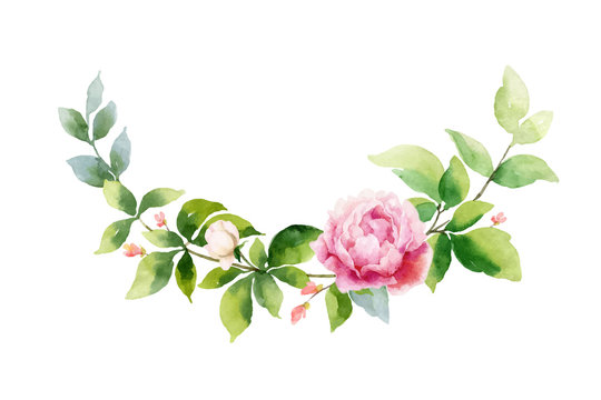Watercolor vector hand painting wreath of pink flowers and green leaves.