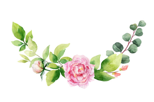 Watercolor Vector Hand Painting Wreath Of Pink Flowers And Green Leaves.