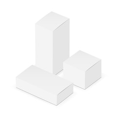 Set of white blank medical, cosmetic boxes isolated. Rectangular and square healthcare packaging mockups. Vector illustration