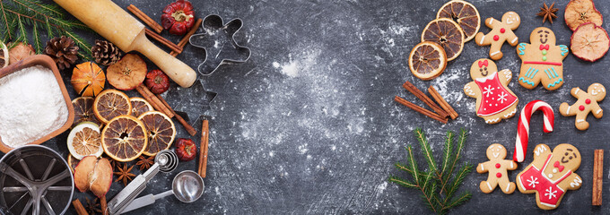 Ingredients for cooking Christmas baking and gingerbread cookies, top view