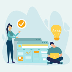 Our team. Startup. Colleagues and friends. Team working office computer client support service. Vector illustration in flat cartoon style.