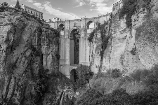 Monochrome Photograph of the Bridge over the gorge at Ronda in Andalucia in Spain