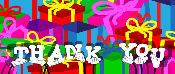Diverse hands holding letters of the alphabet created the word Thank You. Vector illustration.