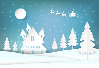 Fototapeta na wymiar Winter holiday Santa and snowy Christmas season paper art background