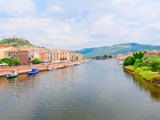 River embankment in the city of Bosa with colorful, typical Italian houses. province of Oristano,...