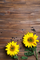 yellow sunflowers on old wooden background, top view