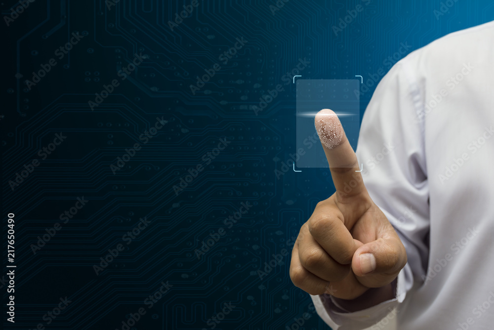 Poster businessmen use the finger to touch the screen button to scan fingerprints.security system concept
