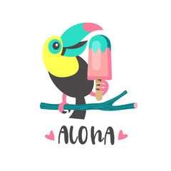 Hello summer. Aloha. Cute cheerful Toucan. Colorful vector illustration, emblem.