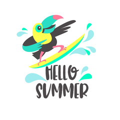 Hello summer. Aloha. Cute cheerful Toucan. Colorful vector illustration, emblem.
