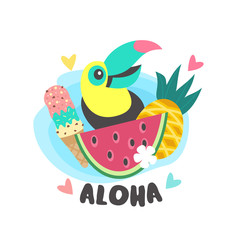 Hello summer. Aloha. Cute cheerful Toucan. Colorful vector illustration, emblem.