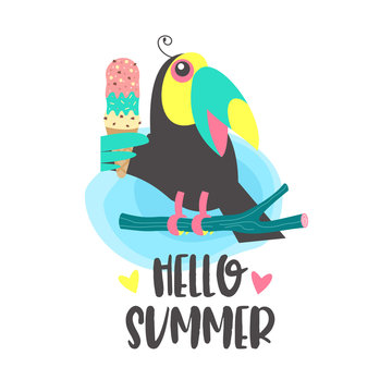 Hello summer. Aloha. Cute cheerful Toucan. Colorful vector illustration, emblem.