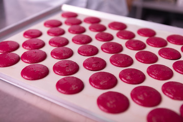 Obraz na płótnie Canvas Paper and macaroons. Close up of big baking pan covering with parchment paper and little pink macaroons