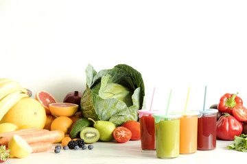 Composition of healthy detox  juices and smoothies with  seeds. Healthy vegetables and fruits on...