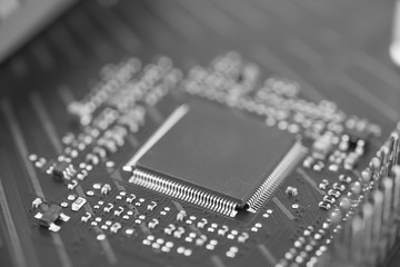 Circuit board with resistors microchips and electronic components. Electronic computer hardware...