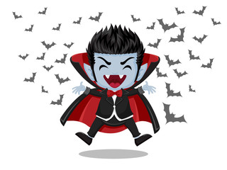 Halloween Cartoon. Dracula Vampire and flying bats isolated on white background . Vector illustration.