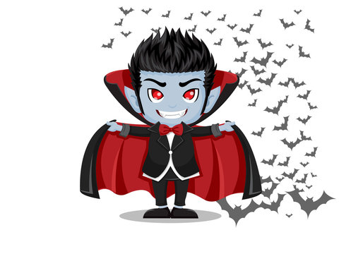 Halloween Cartoon. Dracula Vampire and flying bats isolated on white background . Vector illustration.