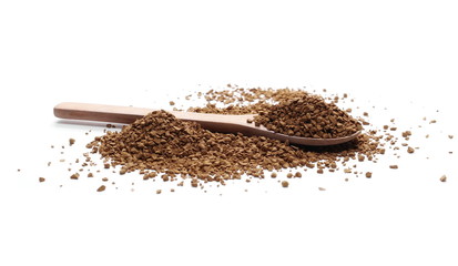 Instant coffee granules in wooden spoon isolated on white background and texture