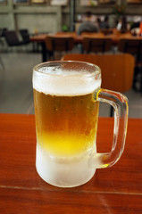 Jugs of beer placed on the wood table