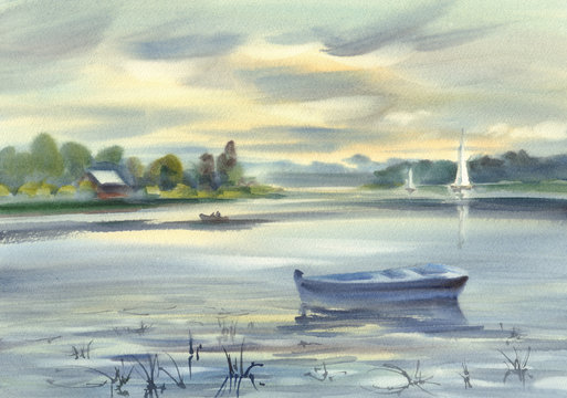 Landscape with a boat watercolor background. Summer vacations