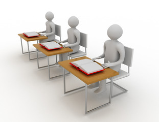 Pupil sits at school desk. 3d rendered illustration