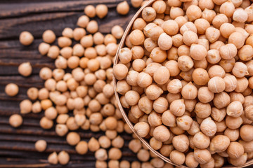 uncooked chickpeas on a wooden rustic background