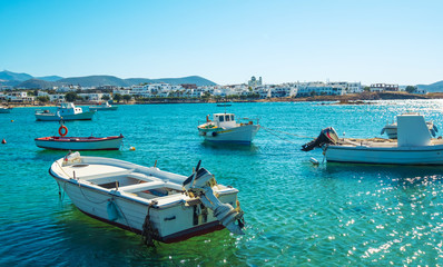 Fototapeta na wymiar Motor boats near coastline at sunny day