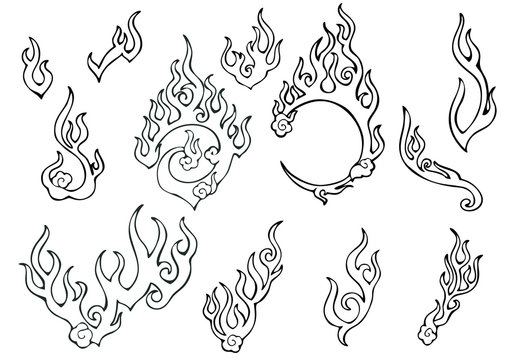 Naklejka fire or flame element Chinese  oriental ornament tattoo style free hand drawing illustration  vector set 