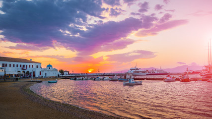 amazing view to Mykonos embankment at sunset, Greece