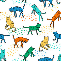 Seamless pattern - multi-colored kitten on a white background. Scandinavian style. Good for kids fabric, textile, nursery wallpaper. Bright colors.
