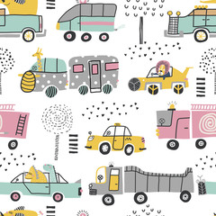 Childish seamless pattern with cute cars, lion, elephant and dinosaurs. Perfect for kids fabric, textile, nursery wallpaper. Vector Illustration. Scandinavian style. Pastel colors.