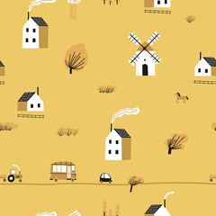 Seamless colorful pattern with house, trees, horses, mills and road. Europe nature landscape concept. Perfect for kids fabric, textile, nursery wallpaper. Seamless autumn landscape.