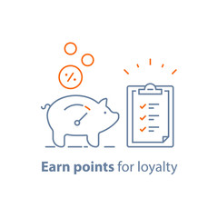 Loyalty program, earn points and get reward, marketing concept, piggy bank with coins and small gift box
