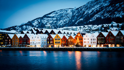 Panorama of historical buildings of Bergen at Christmas time. View of old wooden Hanseatic houses...