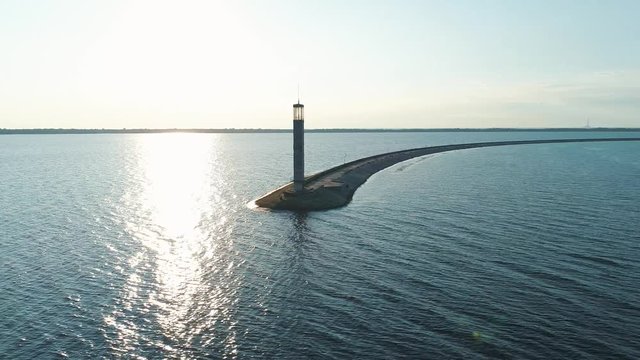 Aerial drone footage. Fly around small lighthouse near vyshgorod