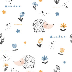 Hedgehog seamless pattern on white background