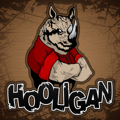 hooligan-rhinoceros image on a wooden background.