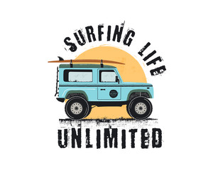 Vintage Surf Emblem with retro woodie car. Surfing Life Unlimited typography. Included surfboards, road and sun symbols. Good for T-Shirt, mugs. Stock vector isolated on white background