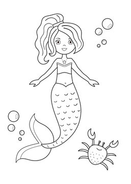 Coloring page for kids. Cute cartoon mermaid with a crab. Vector illustration