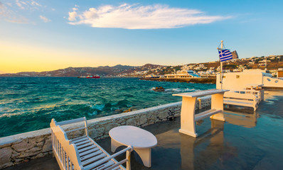 View from pier at sunset at Mykonos island