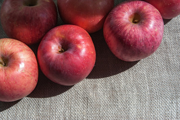 Ripe pink apples on a canvas, top view