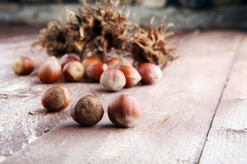Hazelnut on wooden background. Tasty group of organic hazelnuts
