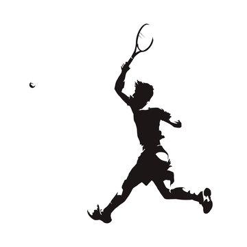 Tennis player hits the ball, isolated vector silhouette